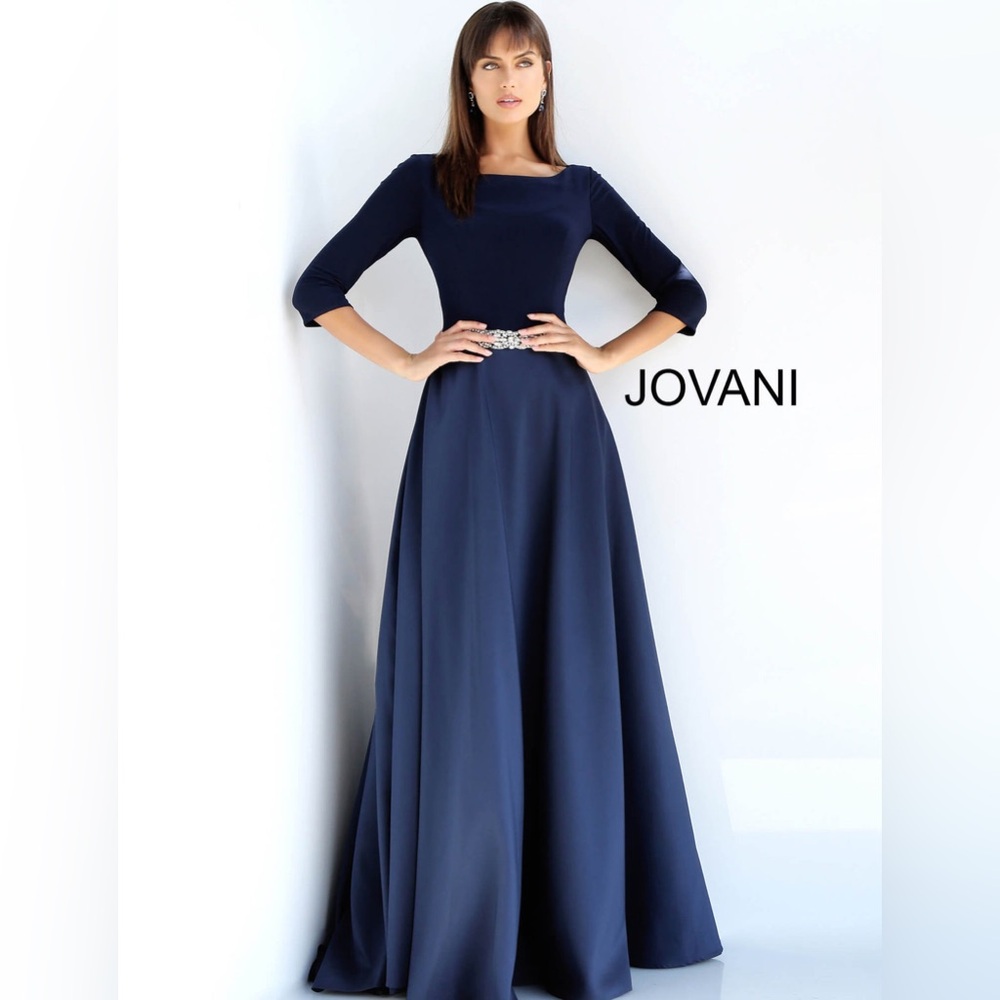 Jovani Blue Bateau Slit Gown